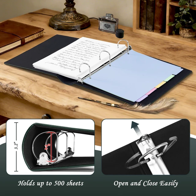 Alt view image 2 of 7 - Vintage 3 Ring Binder 2 Inch, Leather D Ring Binder with Pockets and 5 Tab Dividers, Hardback Book Style Document Organizer Fits Letter Size for Home and Office Green