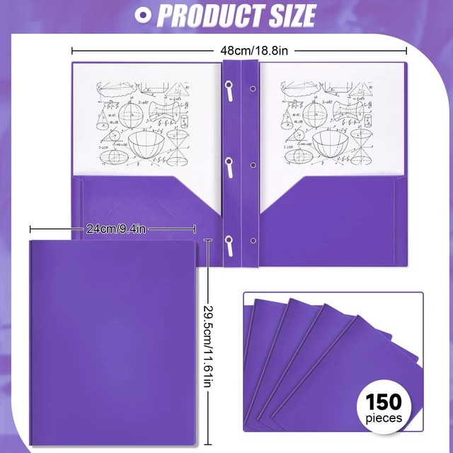 Alt view image 2 of 6 - 150 Pack Plastic Folders with Prongs Heavy Duty Plastic 2 Pocket Folder with 3 Prongs, Business Card Slot for Back to School Office Home 11.6 x 9.5 Inch (Purple)
