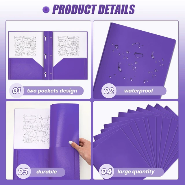 Alt view image 3 of 6 - 150 Pack Plastic Folders with Prongs Heavy Duty Plastic 2 Pocket Folder with 3 Prongs, Business Card Slot for Back to School Office Home 11.6 x 9.5 Inch (Purple)