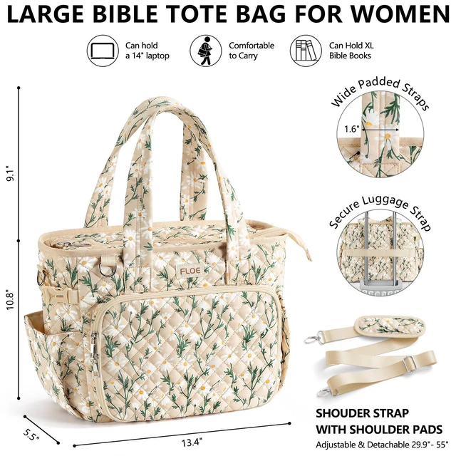 Alt view image 2 of 7 - Large Bible Tote Bag for Women Bible Cover Case, Quilted Church Tote Bags Bible Study Supplies Journaling Kit Puffer Bible Carry Case w/Strap Accessories Pen Tabs, Christmas Christian Gifts for Women