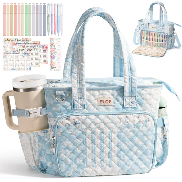 Main image of Large Bible Tote Bag for Women Bible Cover Case, Quilted Church Tote Bags Bible Study Supplies Journaling Kit Puffer Bible Carry Case w/Strap Accessories Pen Tabs, Christmas Christian Gifts for Women