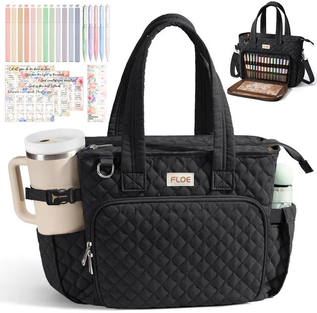 Main image of Large Bible Tote Bag for Women Bible Cover Case, Quilted Church Tote Bags Bible Study Supplies Journaling Kit Puffer Bible Carry Case w/Strap Accessories Pen Tabs, Christmas Christian Gifts for Women