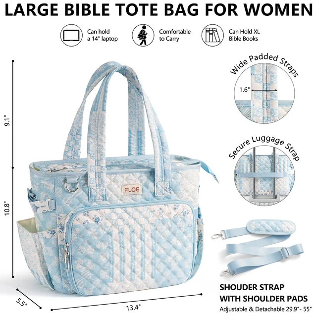 Alt view image 2 of 7 - Large Bible Tote Bag for Women Bible Cover Case, Quilted Church Tote Bags Bible Study Supplies Journaling Kit Puffer Bible Carry Case w/Strap Accessories Pen Tabs, Christmas Christian Gifts for Women