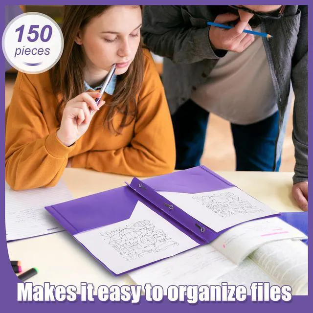 Alt view image 6 of 6 - 150 Pack Plastic Folders with Prongs Heavy Duty Plastic 2 Pocket Folder with 3 Prongs, Business Card Slot for Back to School Office Home 11.6 x 9.5 Inch (Purple)