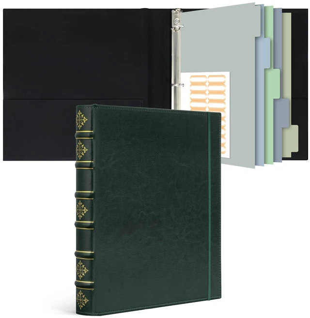 Main image of Vintage Leather 3 Ring Binder 1 Inch, Hardback D Ring Binder with Pockets and 5 Tab Dividers, Book Style Document Organizer Fits Letter Size Paper for Home and Office Green