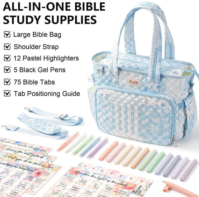 Alt view image 7 of 7 - Large Bible Tote Bag for Women Bible Cover Case, Quilted Church Tote Bags Bible Study Supplies Journaling Kit Puffer Bible Carry Case w/Strap Accessories Pen Tabs, Christmas Christian Gifts for Women