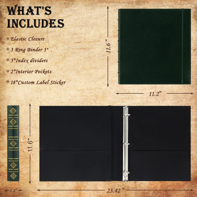 Alt view image 2 of 6 - Vintage Leather 3 Ring Binder 1 Inch, Hardback D Ring Binder with Pockets and 5 Tab Dividers, Book Style Document Organizer Fits Letter Size Paper for Home and Office Green