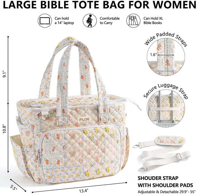 Alt view image 2 of 7 - Large Bible Tote Bag for Women Bible Cover Case, Quilted Church Tote Bags Bible Study Supplies Journaling Kit Puffer Bible Carry Case w/Strap Accessories Pen Tabs, Christmas Christian Gifts for Women