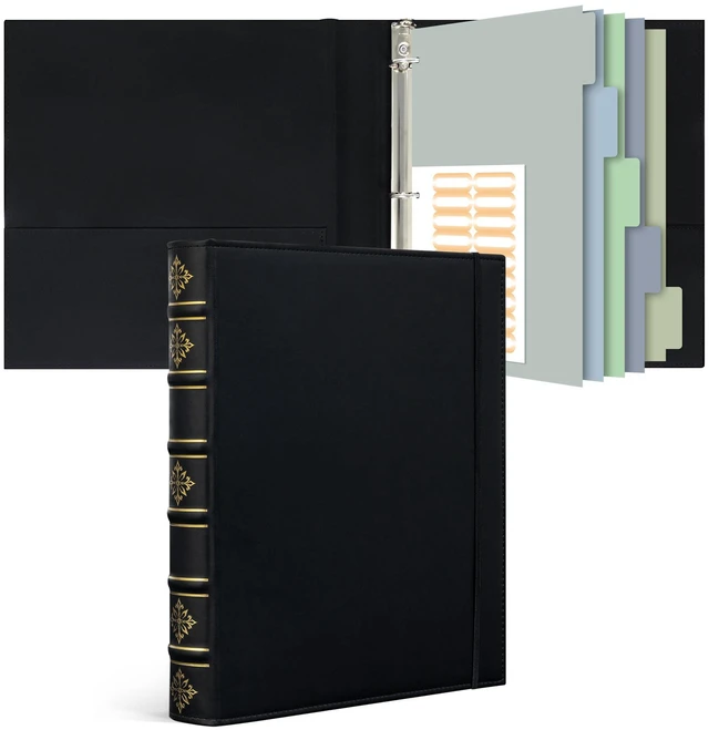 Main image of Vintage Leather 3 Ring Binder 1 Inch, Hardback D Ring Binder with Pockets and 5 Tab Dividers, Book Style Document Organizer Fits Letter Size Paper for Home and Office Black