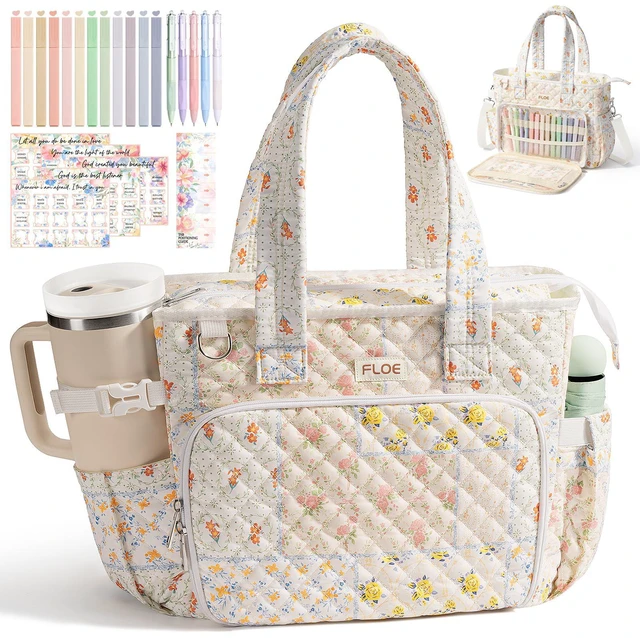 Main image of Large Bible Tote Bag for Women Bible Cover Case, Quilted Church Tote Bags Bible Study Supplies Journaling Kit Puffer Bible Carry Case w/Strap Accessories Pen Tabs, Christmas Christian Gifts for Women