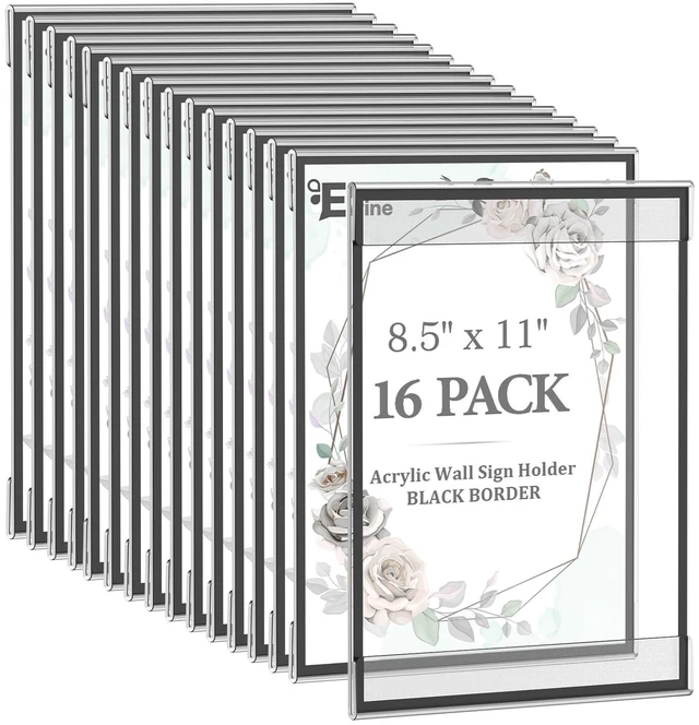 Main image of 16 Pack 8.5 x 11 Acrylic Sign Holder Wall Mount, Black Acrylic Picture Frame for Photo Menu Flyer Display, Wedding Party Home Hotel Store(with Adhesive Tape)