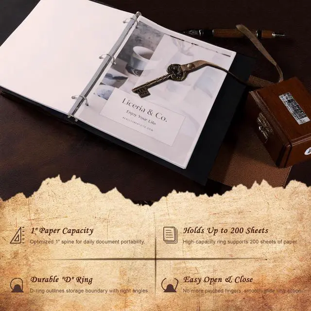 Alt view image 3 of 6 - Vintage Leather 3 Ring Binder 1 Inch, Hardback D Ring Binder with Pockets and 5 Tab Dividers, Book Style Document Organizer Fits Letter Size Paper for Home and Office Green