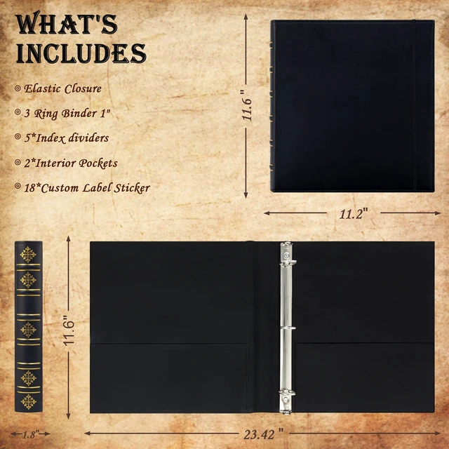 Alt view image 2 of 6 - Vintage Leather 3 Ring Binder 1 Inch, Hardback D Ring Binder with Pockets and 5 Tab Dividers, Book Style Document Organizer Fits Letter Size Paper for Home and Office Black