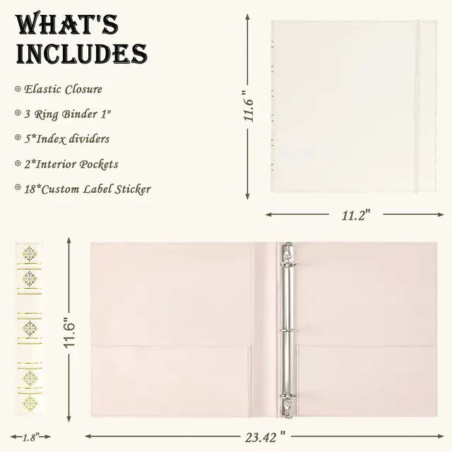 Alt view image 2 of 7 - Leather 3 Ring Binder 1 Inch, Vintage D Ring Binder with Pockets and 5 Tab Dividers, Hardback Book Style Document Organizer Fits Letter Size Paper for Home, Office and Wedding White