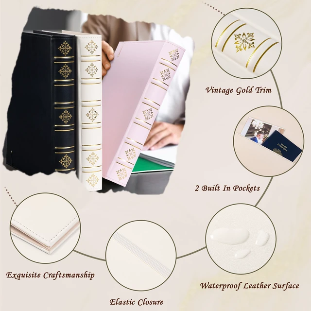 Alt view image 4 of 7 - Leather 3 Ring Binder 1 Inch, Vintage D Ring Binder with Pockets and 5 Tab Dividers, Hardback Book Style Document Organizer Fits Letter Size Paper for Home, Office and Wedding White