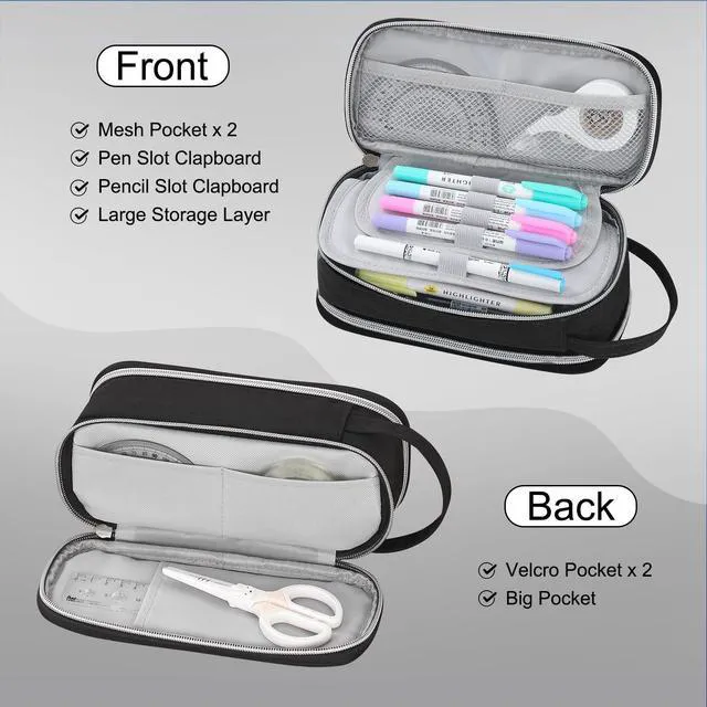 Alt view image 3 of 7 - Large Pencil Case for Boys Teens Kids Organizer Zipper Pencil Pouch Black Big Capacity Pencil Bag Aesthetic Cute Pencil Pen Case for School Supplies, Large Capacity Design, Wear-resistant Fabric