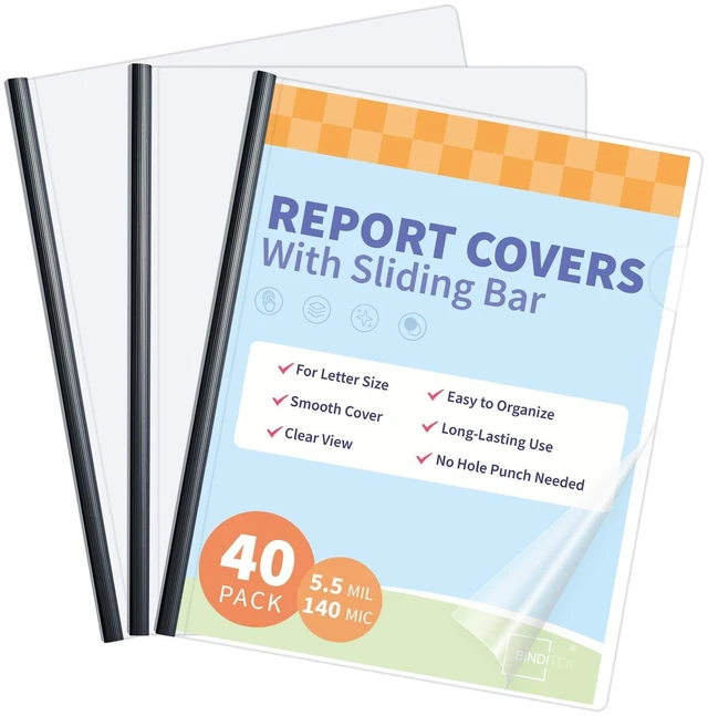 Main image of Clear Report Covers with Sliding Bars, 25 Sheet Capacity, 40 Pack Clear Report Covers for A4 and Letter Size, 5mm Bars, 5.5 Mil Thick, Black, for Resumes, Presentations, School and Business