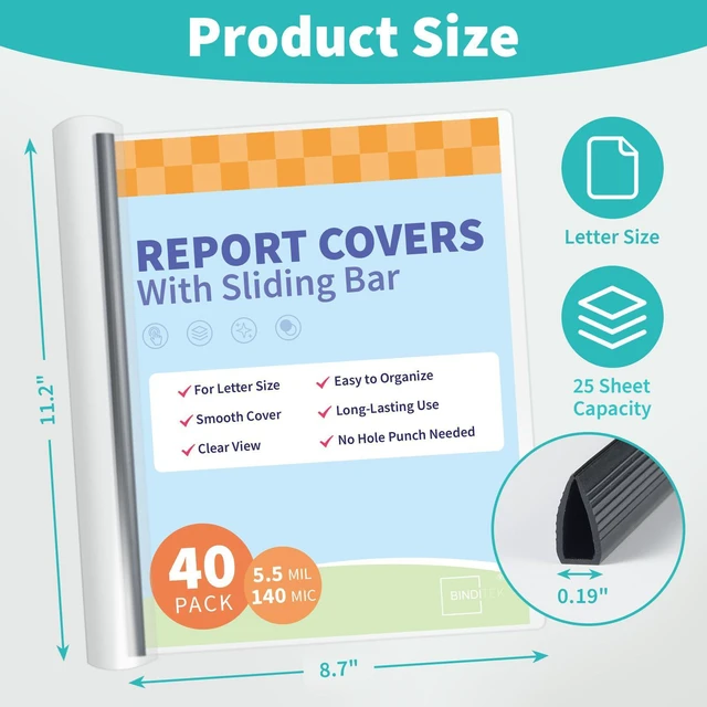 Alt view image 2 of 7 - Clear Report Covers with Sliding Bars, 25 Sheet Capacity, 40 Pack Clear Report Covers for A4 and Letter Size, 5mm Bars, 5.5 Mil Thick, Black, for Resumes, Presentations, School and Business