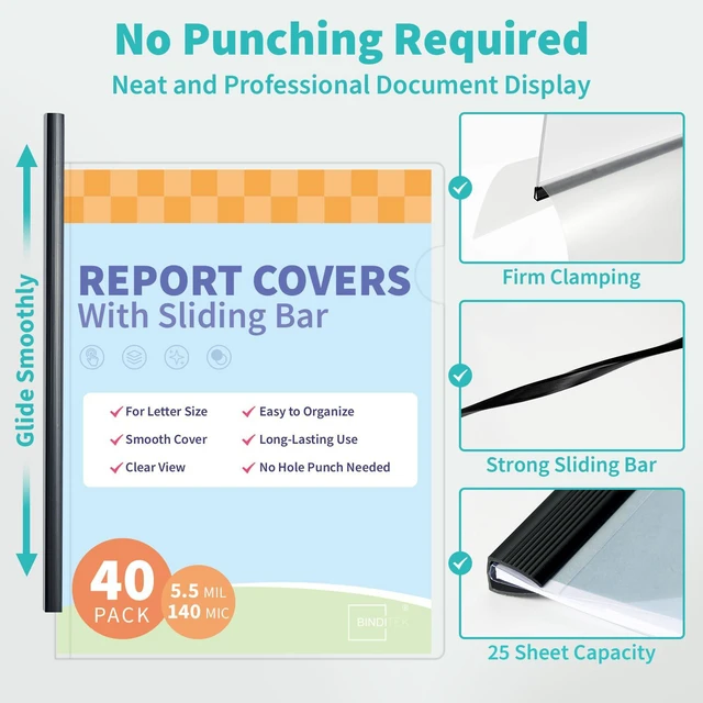 Alt view image 5 of 7 - Clear Report Covers with Sliding Bars, 25 Sheet Capacity, 40 Pack Clear Report Covers for A4 and Letter Size, 5mm Bars, 5.5 Mil Thick, Black, for Resumes, Presentations, School and Business