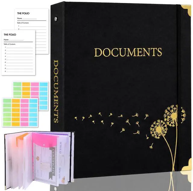 Main image of Important Document Organizer 3 Ring Linen Binders Folio File Folders Black Expanding File Storage Holder Emergency Binder Life Organizer with 9 Pockets, Labels for Papers, Passports, Photos