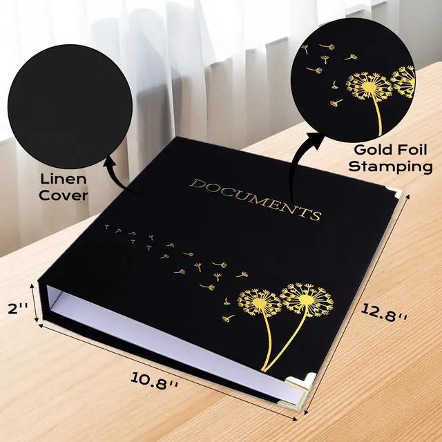 Alt view image 2 of 7 - Important Document Organizer 3 Ring Linen Binders Folio File Folders Black Expanding File Storage Holder Emergency Binder Life Organizer with 9 Pockets, Labels for Papers, Passports, Photos