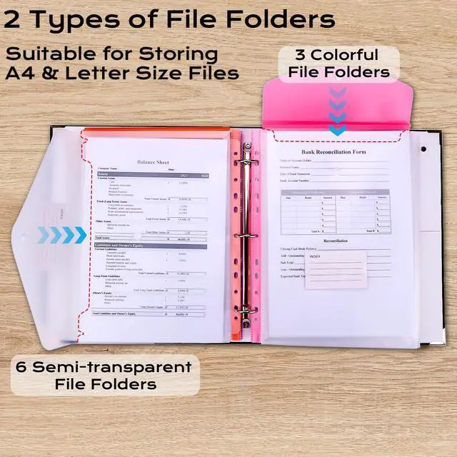 Alt view image 3 of 7 - Important Document Organizer 3 Ring Linen Binders Folio File Folders Black Expanding File Storage Holder Emergency Binder Life Organizer with 9 Pockets, Labels for Papers, Passports, Photos