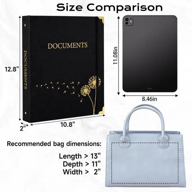 Alt view image 5 of 7 - Important Document Organizer 3 Ring Linen Binders Folio File Folders Black Expanding File Storage Holder Emergency Binder Life Organizer with 9 Pockets, Labels for Papers, Passports, Photos