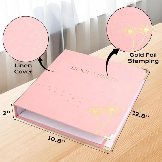 Alt view image 2 of 7 - Important Document Organizer 3 Ring Linen Binders Folio File Folders Pink Expanding File Storage Holder in Case If I Die Binder with 9 Pockets, Labels for Papers, Letters, Passports, Photos