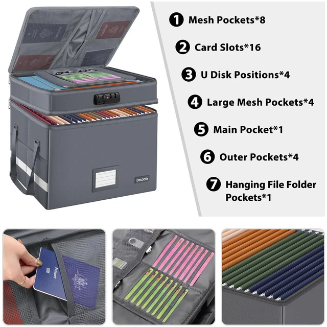 Alt view image 2 of 7 - File Box with Lock,Multi-Layer Fireproof Document Box Collapsible File Storage Organizer with Pockets/Handle,Large Portable Home Office Filing Box for Hanging Letter/Legal Size Folders,Gray