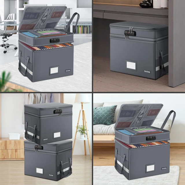 Alt view image 3 of 7 - File Box with Lock,Multi-Layer Fireproof Document Box Collapsible File Storage Organizer with Pockets/Handle,Large Portable Home Office Filing Box for Hanging Letter/Legal Size Folders,Gray