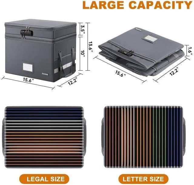 Alt view image 5 of 7 - File Box with Lock,Multi-Layer Fireproof Document Box Collapsible File Storage Organizer with Pockets/Handle,Large Portable Home Office Filing Box for Hanging Letter/Legal Size Folders,Gray