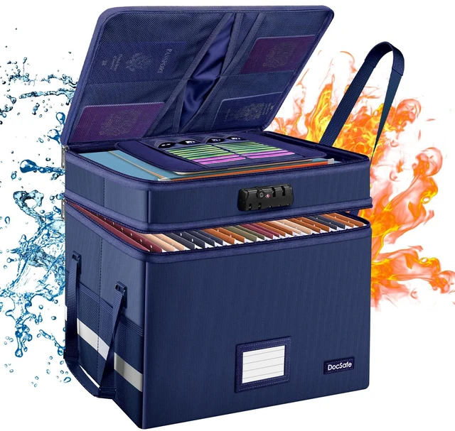 Main image of File Box with Lock,Multi-Layer Fireproof Document Box Collapsible File Storage Organizer with Pockets/Handle,Large Portable Home Office Filing Safe for Hanging Letter/Legal Size Folders,Blue