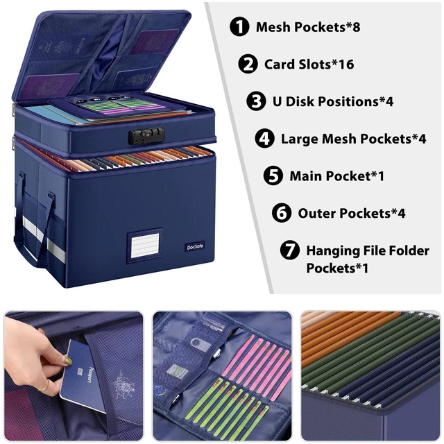 Alt view image 2 of 7 - File Box with Lock,Multi-Layer Fireproof Document Box Collapsible File Storage Organizer with Pockets/Handle,Large Portable Home Office Filing Safe for Hanging Letter/Legal Size Folders,Blue