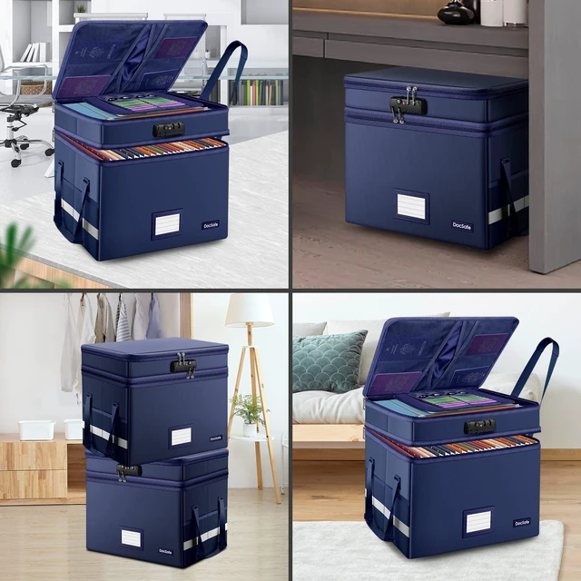 Alt view image 3 of 7 - File Box with Lock,Multi-Layer Fireproof Document Box Collapsible File Storage Organizer with Pockets/Handle,Large Portable Home Office Filing Safe for Hanging Letter/Legal Size Folders,Blue