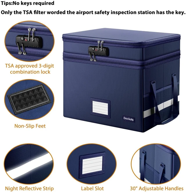Alt view image 4 of 7 - File Box with Lock,Multi-Layer Fireproof Document Box Collapsible File Storage Organizer with Pockets/Handle,Large Portable Home Office Filing Safe for Hanging Letter/Legal Size Folders,Blue