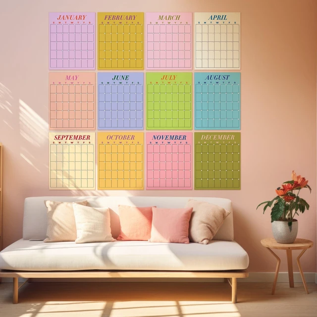 Alt view image 2 of 6 - 12 Pcs Undated Calendars 16'x20' Large Erasable Wall Calendar 12 Month Classroom Dry Ease Reusable Planning Colorful Yearly Blank Planner Reserved Grid for Office Home Educational Study Room Class