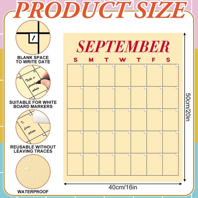 Alt view image 3 of 6 - 12 Pcs Undated Calendars 16'x20' Large Erasable Wall Calendar 12 Month Classroom Dry Ease Reusable Planning Colorful Yearly Blank Planner Reserved Grid for Office Home Educational Study Room Class