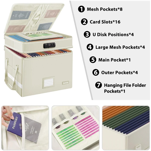 Alt view image 2 of 7 - File Box with Lock,Multi-Layer Fireproof Document Box Collapsible File Storage Organizer with Pockets/Handle,Large Portable Home Office Filing Box for Hanging Letter/Legal Size Folders,Beige
