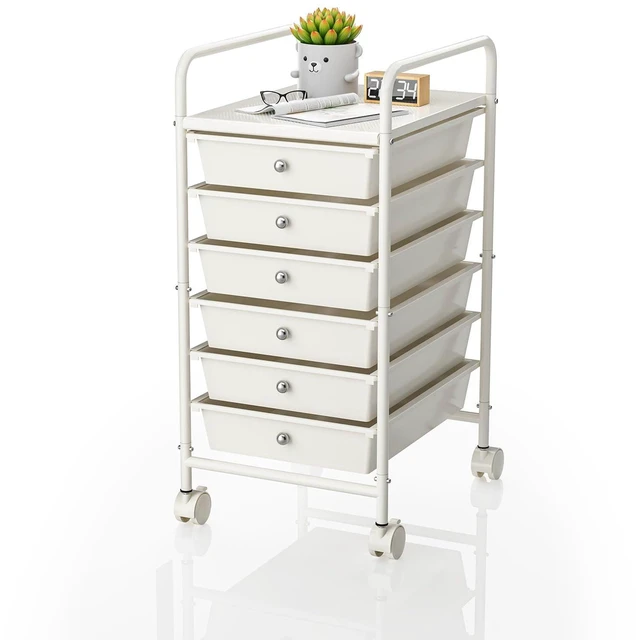 Main image of Rolling Storage Cart with Drawers 6-Tier Lock Wheels Office White Utility Cart with 6 Drawers & 2 Lockable Caster, Multipurpose Mobile Drawer Cart for School Bathroom Kitchen