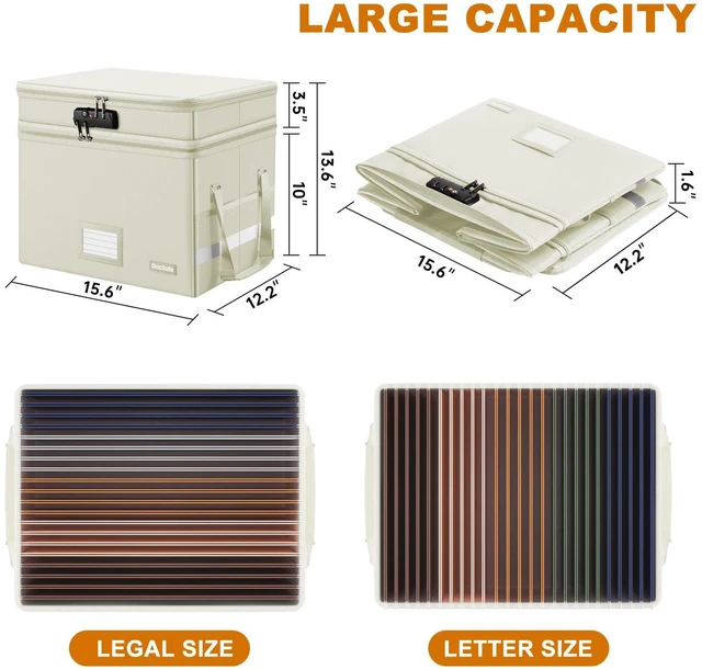 Alt view image 5 of 7 - File Box with Lock,Multi-Layer Fireproof Document Box Collapsible File Storage Organizer with Pockets/Handle,Large Portable Home Office Filing Box for Hanging Letter/Legal Size Folders,Beige