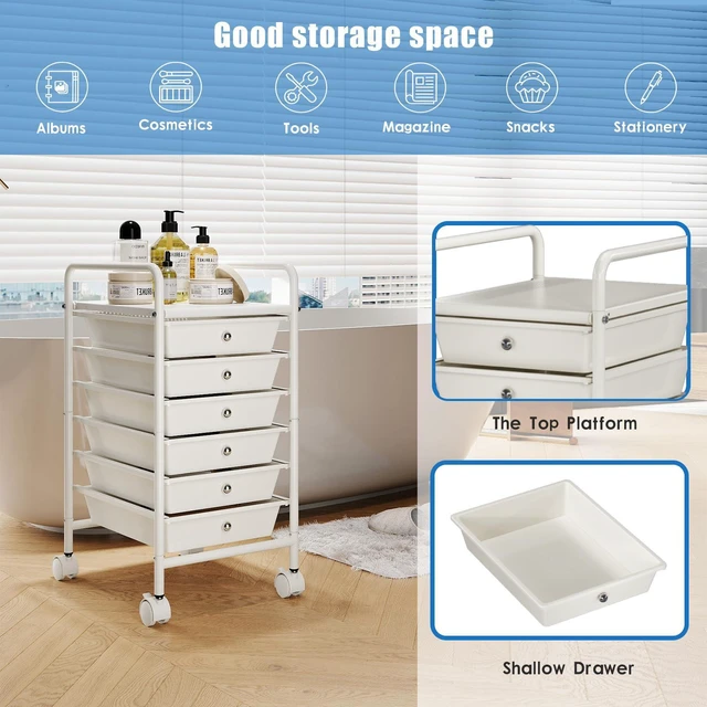 Alt view image 4 of 7 - Rolling Storage Cart with Drawers 6-Tier Lock Wheels Office White Utility Cart with 6 Drawers & 2 Lockable Caster, Multipurpose Mobile Drawer Cart for School Bathroom Kitchen