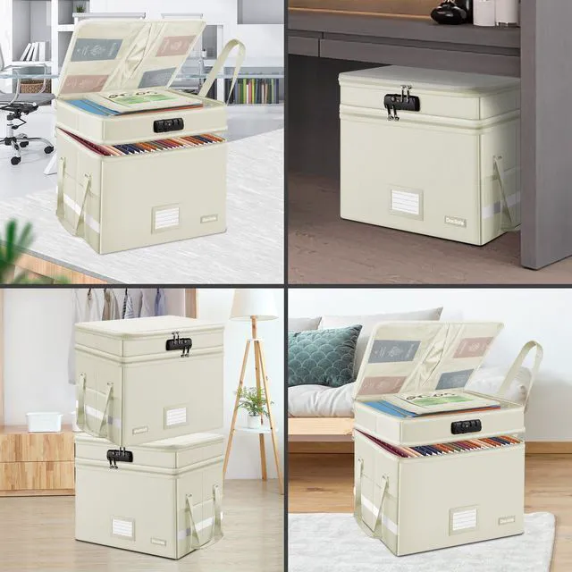 Alt view image 3 of 7 - File Box with Lock,Multi-Layer Fireproof Document Box Collapsible File Storage Organizer with Pockets/Handle,Large Portable Home Office Filing Box for Hanging Letter/Legal Size Folders,Beige