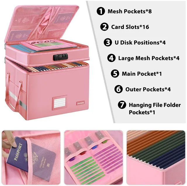 Alt view image 2 of 7 - File Box with Lock,Multi-Layer Fireproof Document Box Collapsible File Storage Organizer with Pockets/Handle,Large Portable Home Office Filing Safe for Hanging Letter/Legal Size Folders,Pink