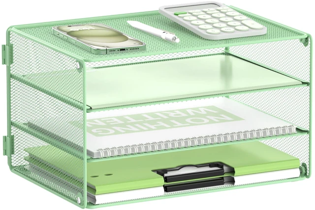Main image of 3 Tier Letter Tray Paper Organizer with Sliding Trays Mint Green Metal Mesh File Organizer with Sliding Trays for Letter and A4 Paper, Mail, Bills, Folders and Office Documents