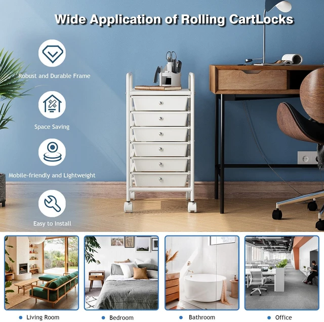 Alt view image 6 of 7 - Rolling Storage Cart with Drawers 6-Tier Lock Wheels Office White Utility Cart with 6 Drawers & 2 Lockable Caster, Multipurpose Mobile Drawer Cart for School Bathroom Kitchen