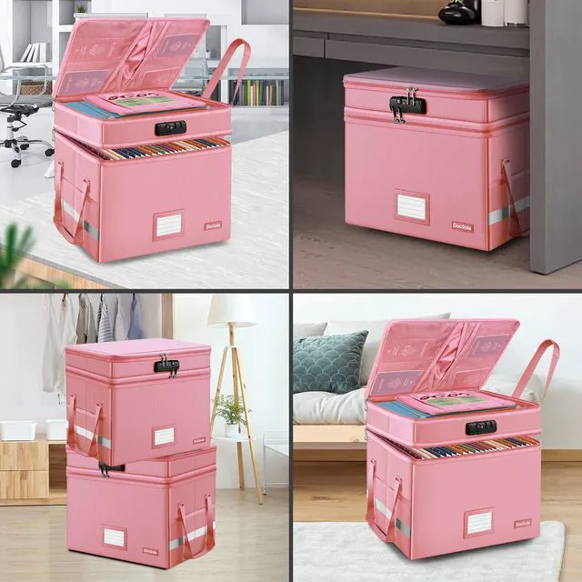 Alt view image 3 of 7 - File Box with Lock,Multi-Layer Fireproof Document Box Collapsible File Storage Organizer with Pockets/Handle,Large Portable Home Office Filing Safe for Hanging Letter/Legal Size Folders,Pink