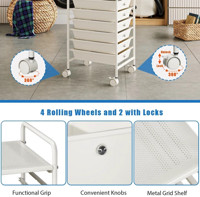 Alt view image 5 of 7 - Rolling Storage Cart with Drawers 6-Tier Lock Wheels Office White Utility Cart with 6 Drawers & 2 Lockable Caster, Multipurpose Mobile Drawer Cart for School Bathroom Kitchen