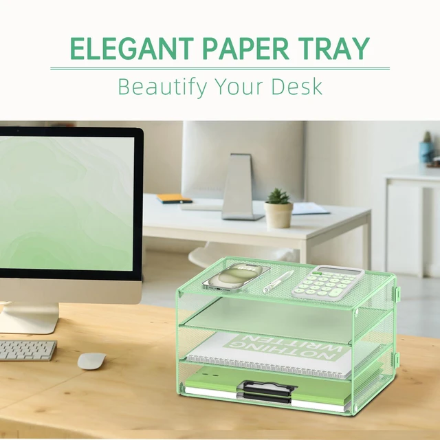 Alt view image 3 of 7 - 3 Tier Letter Tray Paper Organizer with Sliding Trays Mint Green Metal Mesh File Organizer with Sliding Trays for Letter and A4 Paper, Mail, Bills, Folders and Office Documents