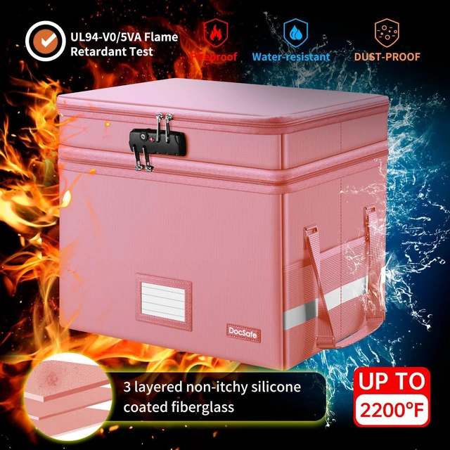 Alt view image 4 of 7 - File Box with Lock,Multi-Layer Fireproof Document Box Collapsible File Storage Organizer with Pockets/Handle,Large Portable Home Office Filing Safe for Hanging Letter/Legal Size Folders,Pink