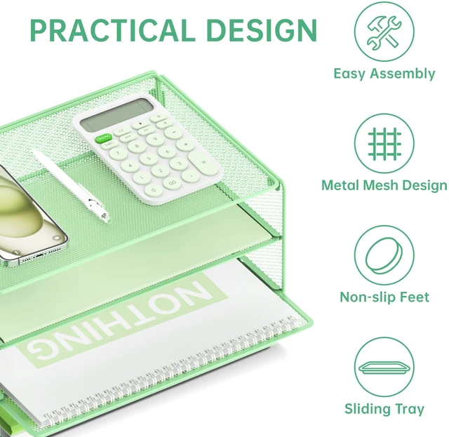 Alt view image 4 of 7 - 3 Tier Letter Tray Paper Organizer with Sliding Trays Mint Green Metal Mesh File Organizer with Sliding Trays for Letter and A4 Paper, Mail, Bills, Folders and Office Documents